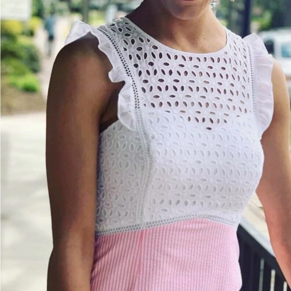 Lilly Pulitzer Maya Shift Dress Pink Tropics Seersucker Eyelet Ruffled Lace Sz 0 - Picture 6 of 10